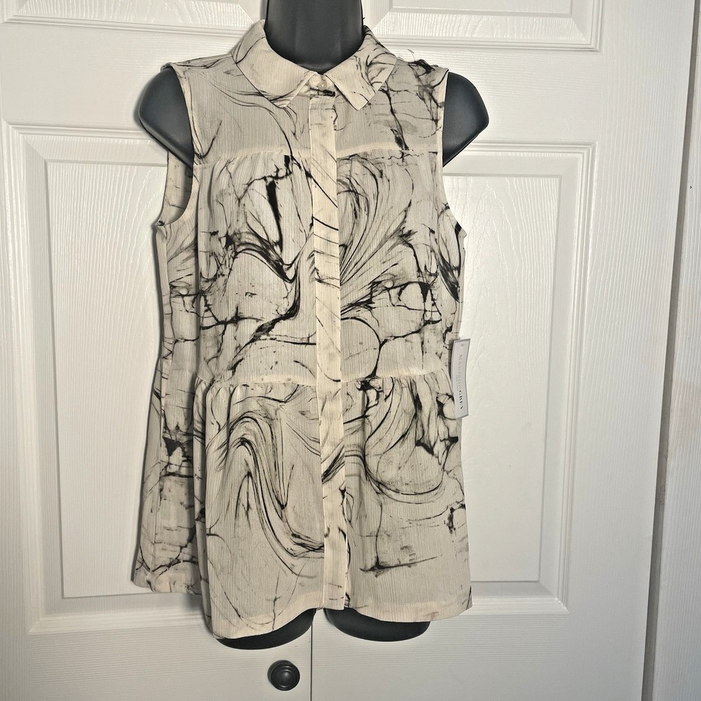 MADISON GREY Shirt Womens Size‎ S Beige Marble Print Sleeveless Button Up Blouse